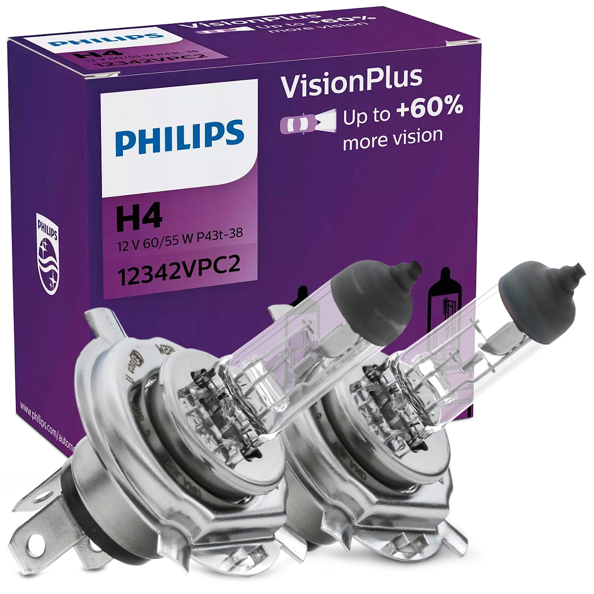 PHILIPS 12342VPC2 Light Bulbs H4, Halogen, 60/55W, 12V