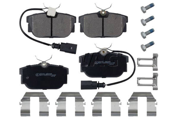 SWAG 30 91 6408 Brake pad set Rear Axle, incl. wear warning contact, with fastening material, with fastening/mounting material-image-9467526